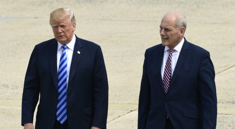 President Donald Trump and White House chief of staff John Kelly walk toward Air Force One at Andrews Air Force Base in Md., Friday, May 4, 2018. Trump is traveling to Dallas where he will address the NRA convention. President Donald Trump and White House chief of staff John Kelly